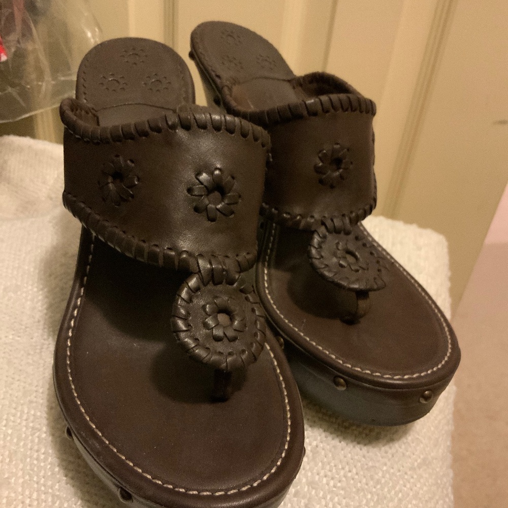 Jack Rogers Women’s Brown Leather Marbella Wood Wedge Platform Sandal Sz 8M